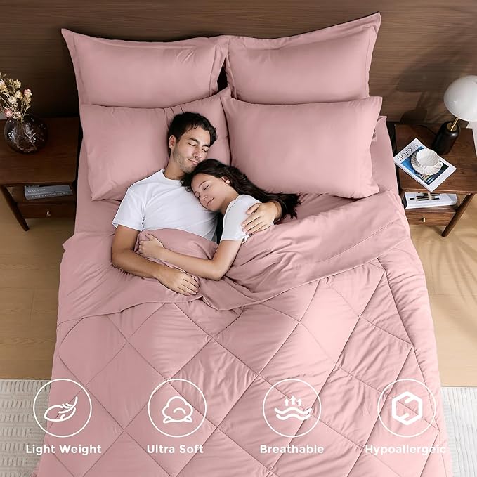 HEVUMYI Rose Gold Twin Comforter Set - 5-Piece All Season Bed in a Bag Twin, Ultra Soft Bedding Set with Comforter, Flat Sheet, Fitted Sheet, Pillowcases, Pillow Shams