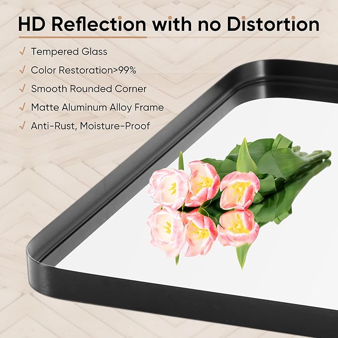 DUMOS Black Metal Framed Vanity Rounded Rectangle Bathroom Mirrors for Over Sink Wall, 36x24 Inch Large Matte Mirror, Modern Decorative for Restroom, Farmhouse, Horizontally or Vertically Hanging