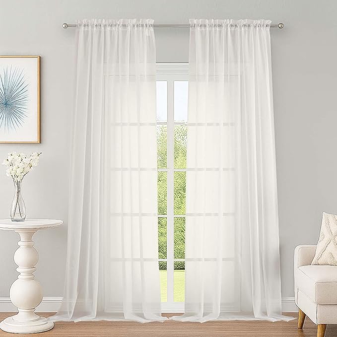 OWENIE Ivory Sheer Curtains, Sheer Curtains 96 inches Long 2 Panels Set, Rod Pocket Voile Fimly Sheer Drapes for Living Room/Bedroom, 2pcs, Each 59" W x 96" L