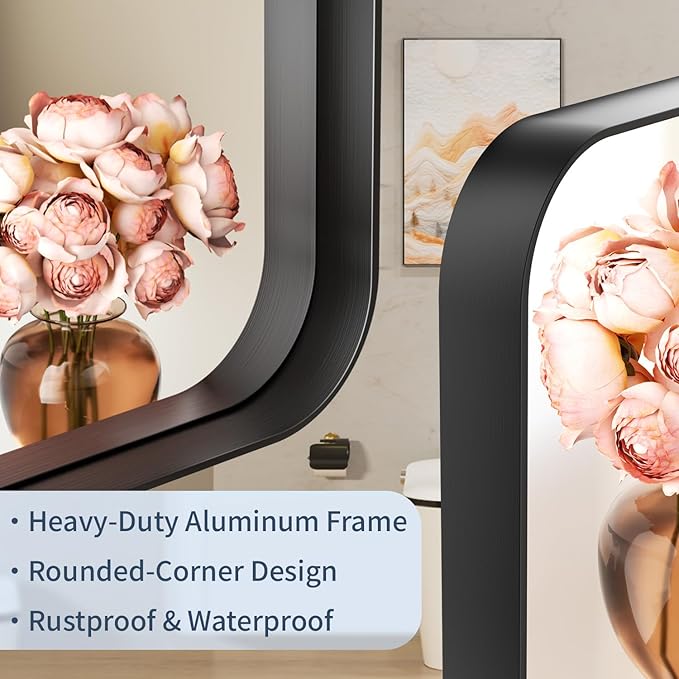 48×30 Black Mirror for Bathroom Sink - Rectangle Mirrors for Vanity with Rounded Corners & Tempered Glass for Bathroom, Restroom, Entryway, Horizontal/Vertical Wall Mounted, Aluminum Frame