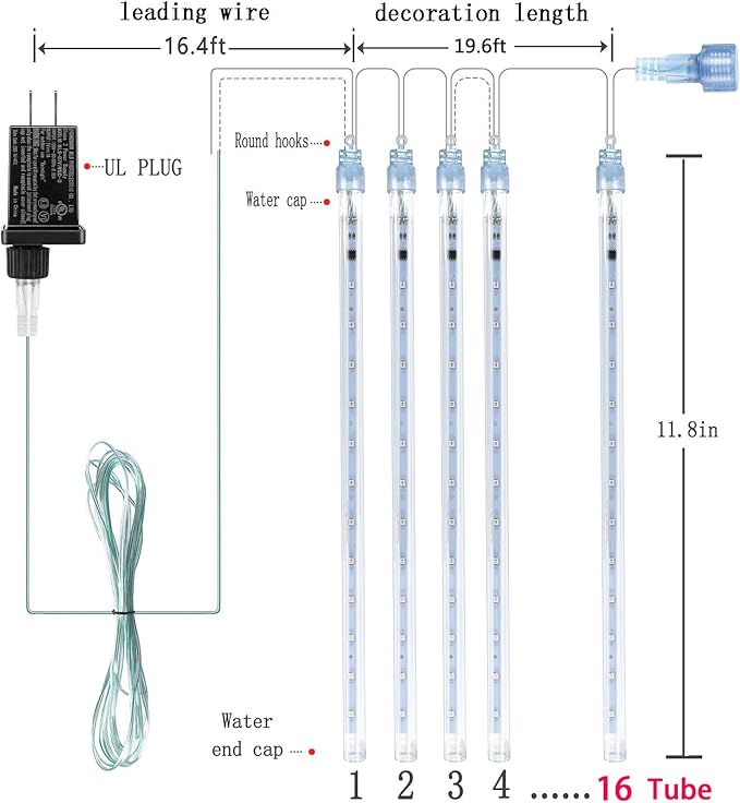 Kwaiffeo Outdoor Christmas Decorations, Waterproof 16-Tube Meteor Shower Lights for Xmas Wedding Party Hanging Decor, Wedding Decorations for Reception, Equivalent to 2 Sets of 8-Tubes, White