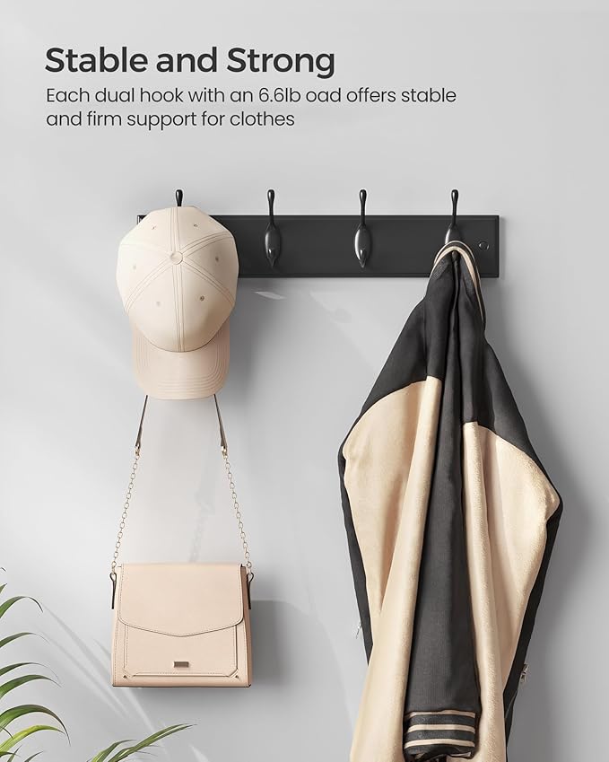 SONGMICS Wall-Mounted Coat Rack, Hook Rack, 4 Dual Metal Hooks, for Coats, Bags, Keys, in The Entryway, Bedroom, Living Room, Black ULHR023B01
