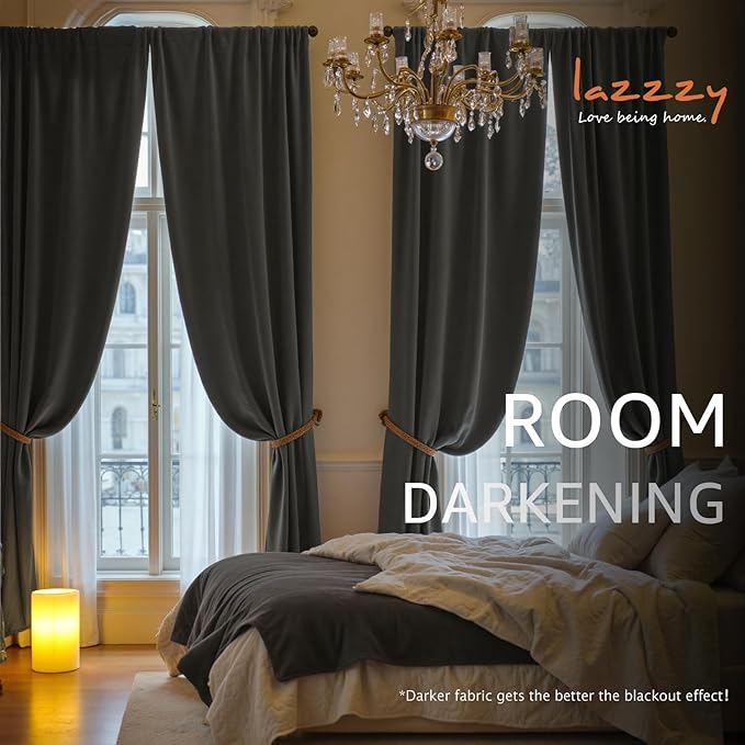 Lazzzy Velvet Blackout Curtains Thermal Insulated Room Window Drapes Super Soft Luxury Curtains for Living Room Bedroom Rod Pocket 2 Panels, Grey, 62" W x 84" L
