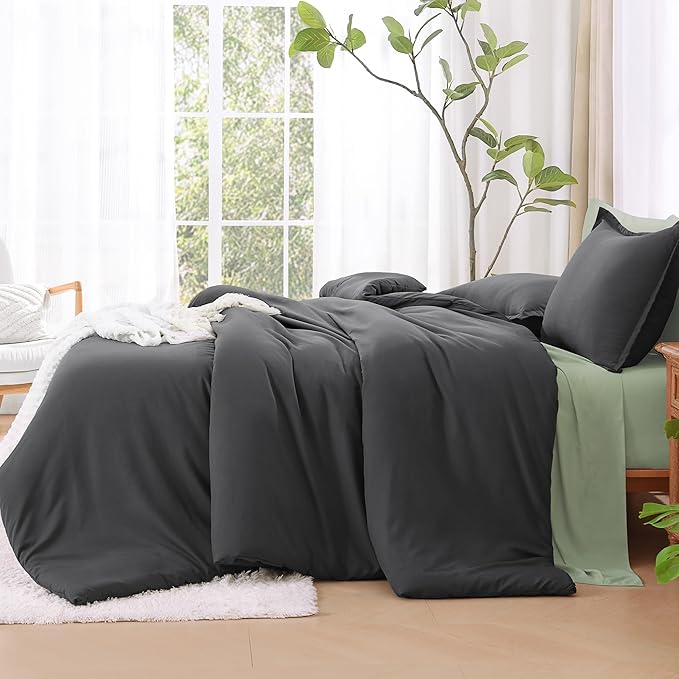 Litanika Grey Comforter Queen Size Set, Dark Gray Lightweight Plain Bedding Comforters Sets, All Season Fluffy Bed Set (90x90In Comforter & 2 Pillowcases)