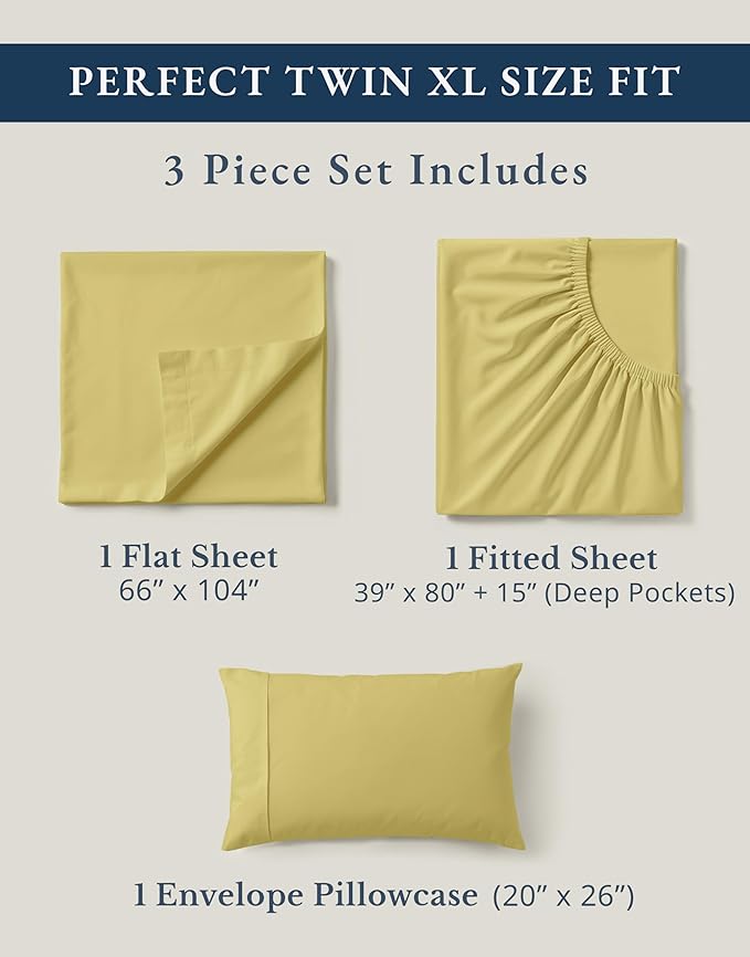 LANE LINEN Eco Friendly 100% Organic Cotton Fully Elasticized Twin XL Sheet Set, Low Pilling Fade Resistant Machine Washable Extra Long Twin Bedding Set, Soft & Comfy Cotton Sheets- Cocoon