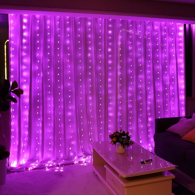 HXWEIYE 300LED Fairy Curtain Lights, 9.8x9.8Ft USB Plug-in 8 Modes Christmas String Hanging Lights with Remote for Bedroom Backdrop Wedding Party Indoor Wall Decor, Pink, Tangle-Free