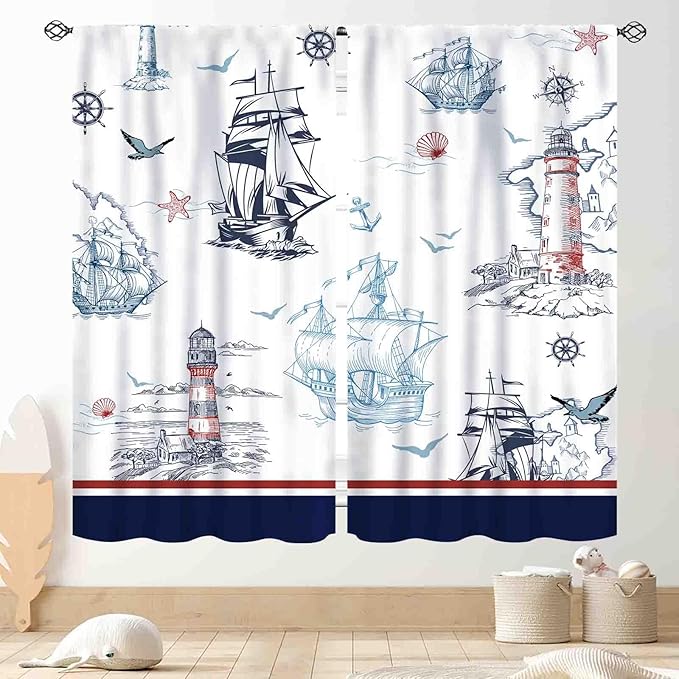Nautical Curtains, Vintage Marine Coastal Sailboat Compass Anchor Ocean Beach Lighthouse Watercolor Blue Decorative Drapes for Bedroom Living Room Kitchen Bathroom Window 2 Panels, 55"x63" Inch