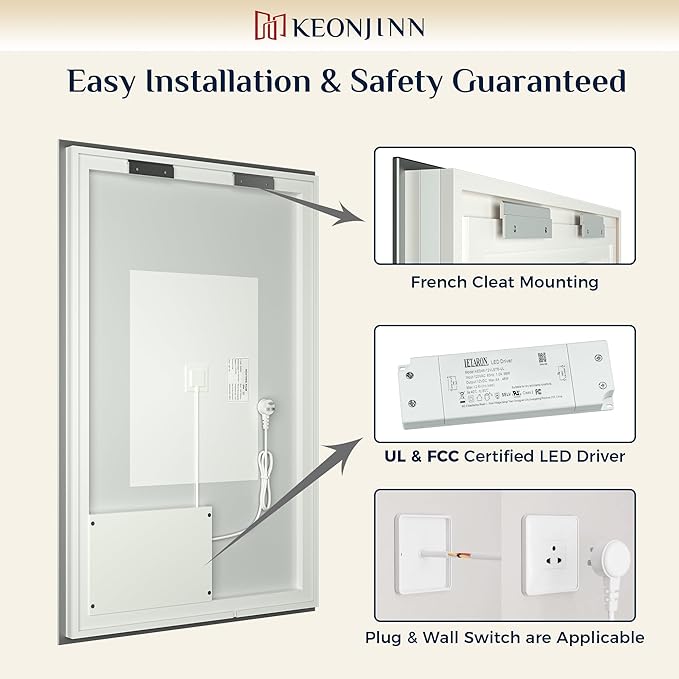 Keonjinn 55 x 30 Inch LED Bathroom Mirror with Backlit, Anti-Fog Vanity Mirror, CRI90+ HD Tempered Glass, Stepless Dimmable, High Lumen, UL Listed, IP44 Waterproof, Horizontal/Vertical