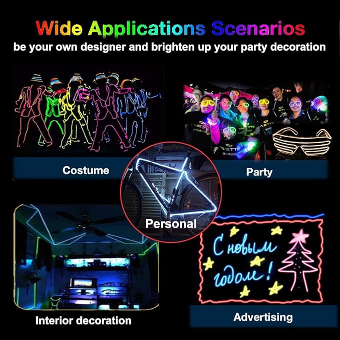 MaxLax EL Wire Ice Blue, 9.8ft/3m Portable Battery Pack Neon Light Strip 360° Cuttable Glowing Rope Lights for Parties, Halloween, DIY Decoration