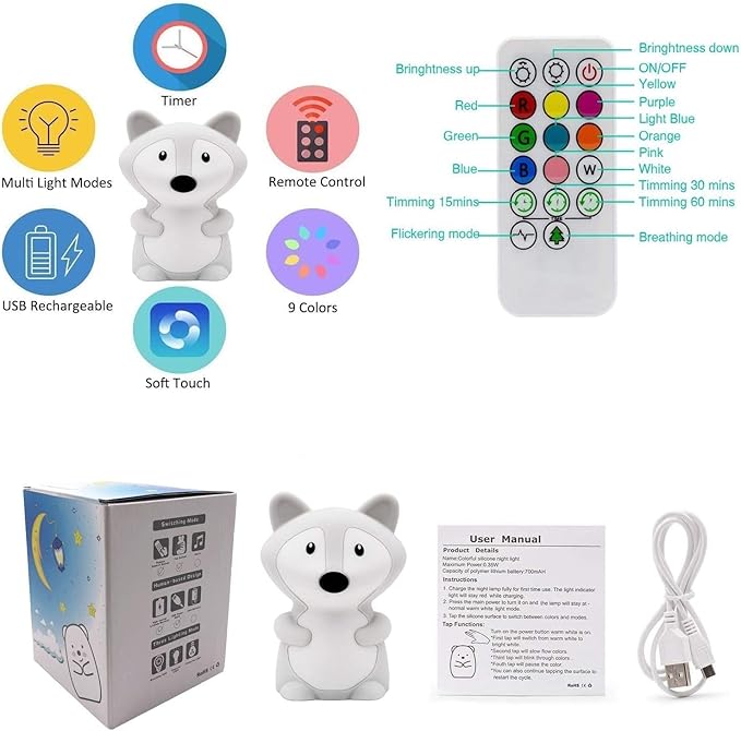 Big Size Night Light for Kids, Portable Silicone Bedside Lamp, Multicolor Light with Touch Control + Remote Control, USB Rechargeable Light for Adults/Children/Baby Bedroom/Gift - Large Fox