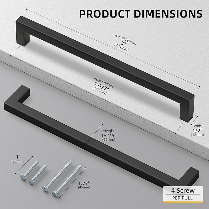 Goldenwarm 2 Pack Black Square Bar Cabinet Pull Drawer Handle Stainless Steel Modern Hardware for Kitchen and Bathroom Cabinets Cupboard,Center to Center 7-1/2in(192mm) Black Kitchen Drawer Pulls