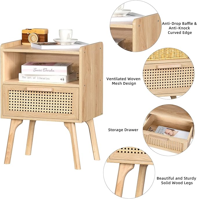 Lerliuo Rattan Nightstand, Boho Side Table with Drawer Open Shelf, Cane Accent Bedside End Table with Solid Wood Legs for Bedroom, Dorm and Small Spaces (Natural)