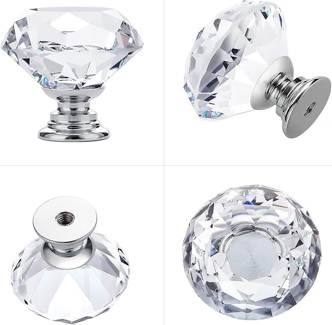 Ravinte Crystal Knobs for Dresser Drawers & Glass Cabinets - Diamond Shaped, 30 mm with Silver Base