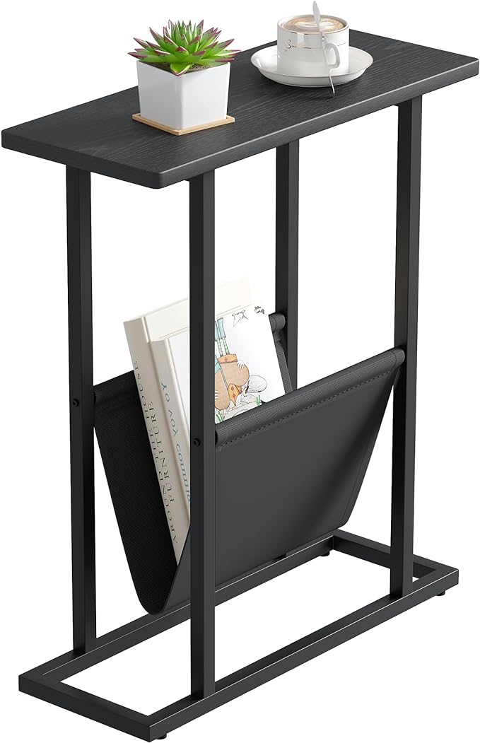 Yusong Small Narrow Side Table for Small Spaces, 17.7" W Slim End Table Nightstand with Storage Holder, Accent Skinny Snack Couch Bedside Table, Black Oak, Complete Iron Pipes