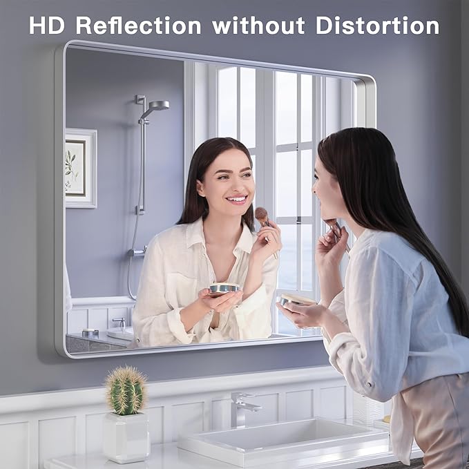ISKM Silver Framed Mirror for Wall 40"x 30", Brushed Silver Bathroom Vanity Mirror Anti-Rust, Tempered Glass, Rounded Rectangle Mirror(Horizontal/Vertical)