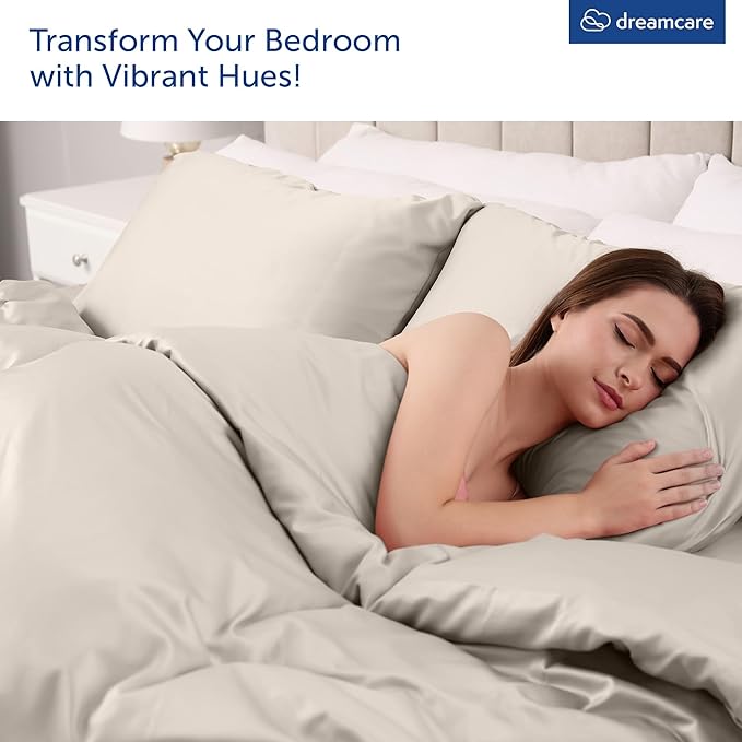DREAMCARE King Size Sheets Set - Cooling Bed Sheets - 4pcs Set - up to 15" Deep Pocket King Sheet Set – Soft & Long Lasting Cooling - 100% Fine Brushed Microfiber with Side Pocket - Beige