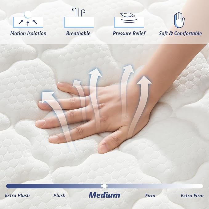 Queen Mattress 14 Inch Queen Size Mattresses - Memory Foam & Pocket Coils Springs, Pressure Relief, Medium Firm Comfort, Motion Isolation, Ideal for All Sleep Positions, CertiPUR-US Certified