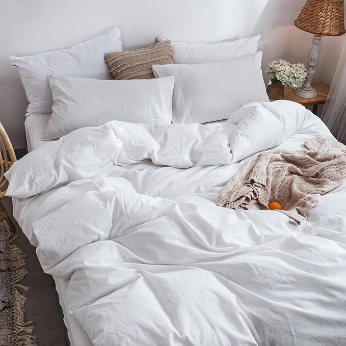 MooMee Bedding Duvet Cover Set 100% Washed Cotton Linen Like Textured Breathable Durable Soft Comfy (Solid Off White, Super Queen 90"x98")