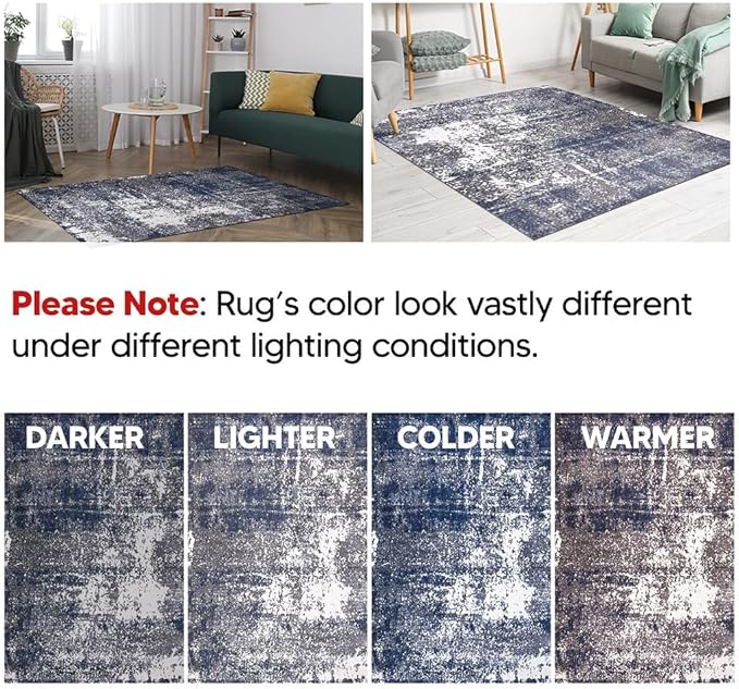 Keen Home Design Area Rugs - 5ft Round Non-Shedding, Abstract Rugs for Kitchen, Living Room, Bedroom, Dining Room, Entryway - Size: 5'3" Round, Navy/Grey/White