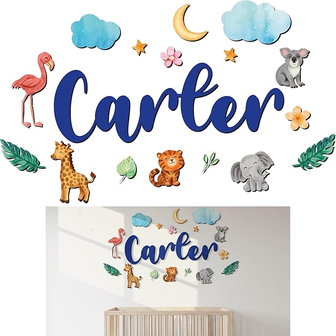 Custom Nursery Name Sign with Themed Decor Kit | Personalized Wooden Wall Art for Baby, Kids Room | Space, Jungle, Circus, Under The Sea, Woodland, Rainbow (50", Jungle/Safari)
