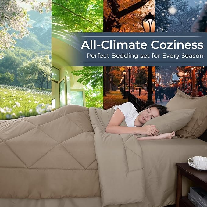 HEVUMYI Khaki & Linen Twin-XL Comforter Set - 5-Piece All Season Bed in a Bag Twin-XL, Ultra Soft Bedding Set with Comforter, Flat Sheet, Fitted Sheet, Pillowcases, Pillow Shams