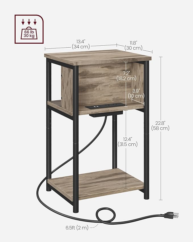 VASAGLE Side Table with Charging Station, 3-Tier End Table with USB Ports and Outlets, Nightstand for Living Room, Bedroom, 11.8 x 13.4 x 22.8 Inches, Plug-in Series, Camel Brown and Black