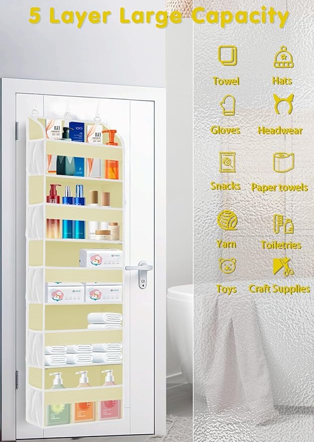 1 Pack Over The Door Storage Organizer with 5 Pockets 10 Mesh Pockets, 44 lbs Weight Capacity Door Hanging Organizers and Storage for Bedroom,Bathroom,Nursery,Kidroom,Babyroom