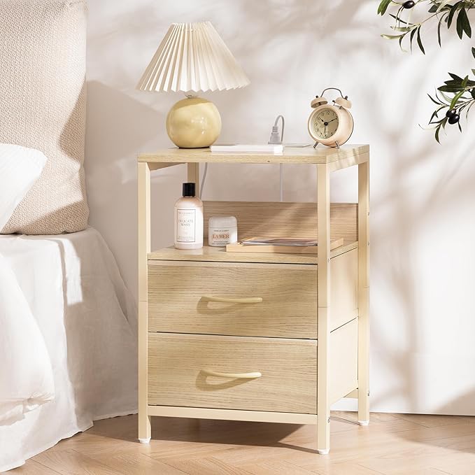 Yoobure Nightstand with Charging Station, LED Night Stand with Fabric Drawers and Storage Shelf for Bedroom, Nightstands Bedside Tables with USB Ports & Outlets, Small Night Stands, Bed Side Table