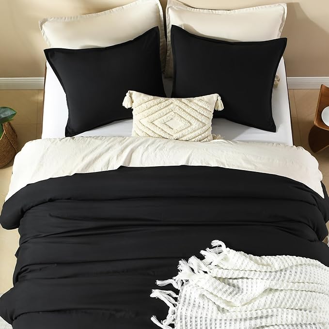Litanika Black Comforter Full Size, 3 Pieces Boho Lightweight Solid Bedding Comforter Set, All Season Fluffy Bed Set (79x90In Comforter & 2 Pillowcases)