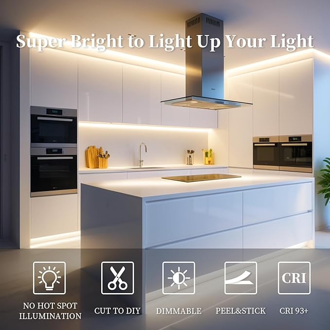 iNextStation COB LED Strip Light Warm White 3000K 16.4ft/5M DC12V CRI 93+ Flexible LED Tape Lights 8mm for Bedroom, Kitchen, TV Backlight, Cabinet, Stage, Home DIY Lighting Decor(No Plug)