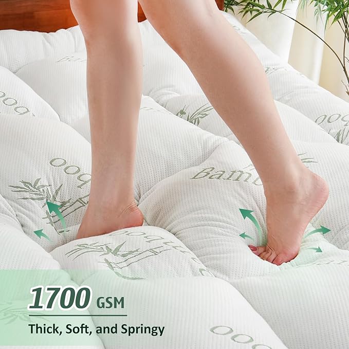 DOWNCOOL 3 Inch Memory Foam Mattress Topper Queen – Cooling Pillow Top Mattress Topper for Back Pain Relief, with Bamboo Viscose Air Layer, 1700 GSM Fill, Deep Pocket Fits 8–21 Inch