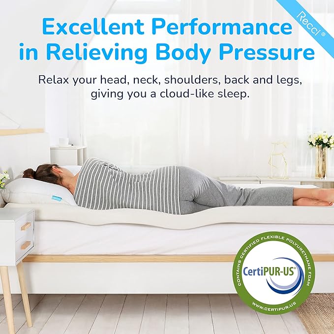 RECCI Memory Foam Mattress Topper, Pressure-Relieving Mattress Topper for Back Pain, Non-Slip Design with Removable & Washable Cover, CertiPUR-US Certified, 3 Inch Queen
