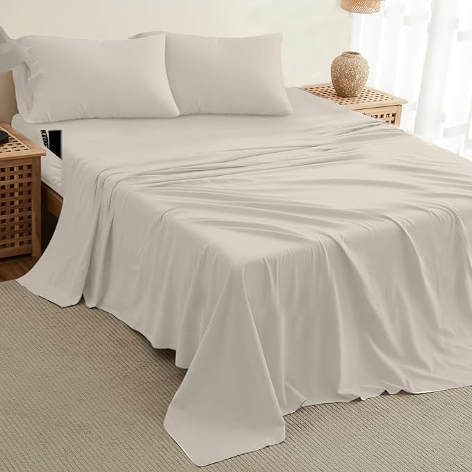 DREAMCARE California King Sheet Sets - Cooling Bed Sheets - 4pcs Set - up to 15" Deep Pocket Cal King Sheets - California King Sheets - Soft & Lasting 100% Brushed Polyester with Side Pocket - Ivory