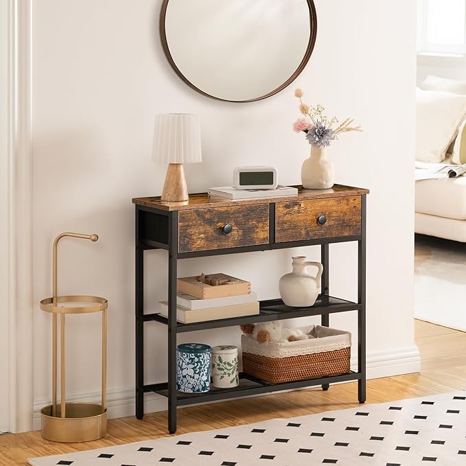HOOBRO 29.5" Narrow Console Table with 2 Fabric Drawers, Sofa Table, Small Entryway Table with 3-Tier Storage Shelves, Behind Couch Table, for Living Room, Hallway, Rustic Brown and Black BF72XG01