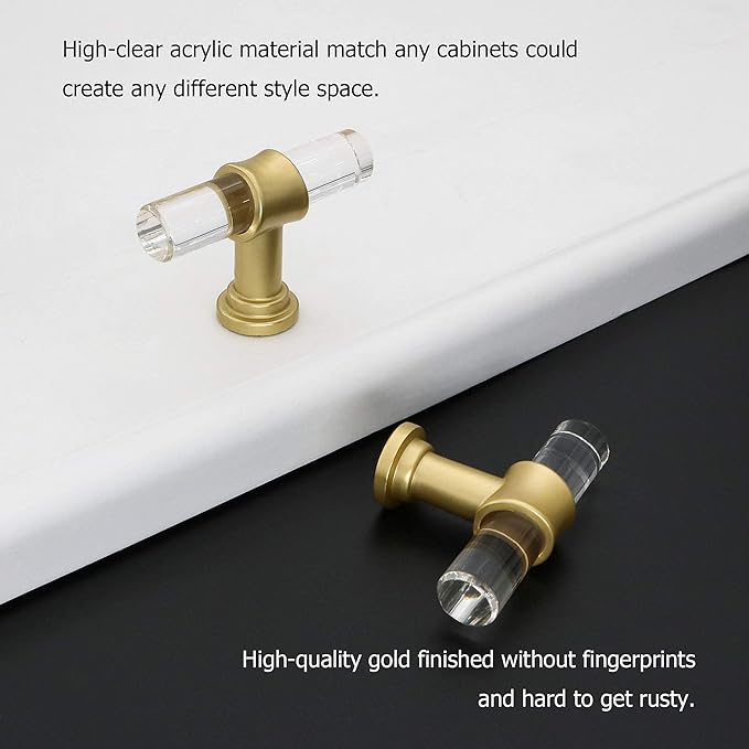 LONTAN 35 Pack Acrylic Kitchen Cabinet Knobs Gold Drawer Knobs Modern T Bar Clear Cabinet Door Handles White Kitchen Hardware for Dresser Bathroom,Zinc Alloy Base