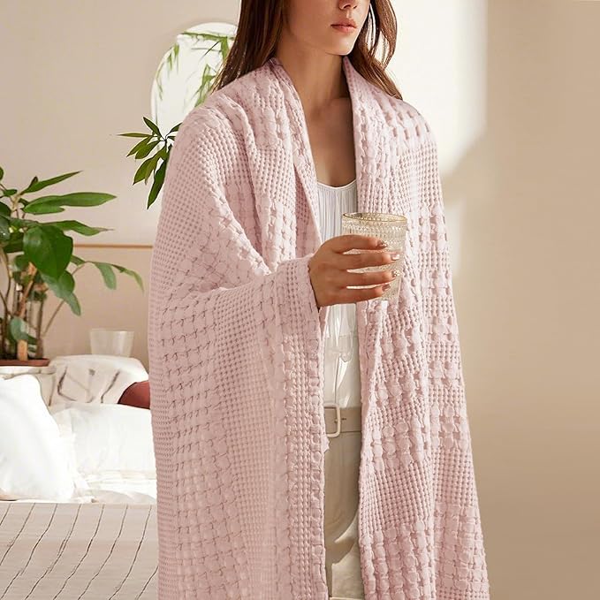 PHF 100% Cotton Waffle Weave Throw Blanket, Soft Lightweight Breathable Cozy Throws for Couch Bed Sofa, Luxury Aesthetic Woven Blanket for Home Decor & Office, 50"x60", Pink/Mauve