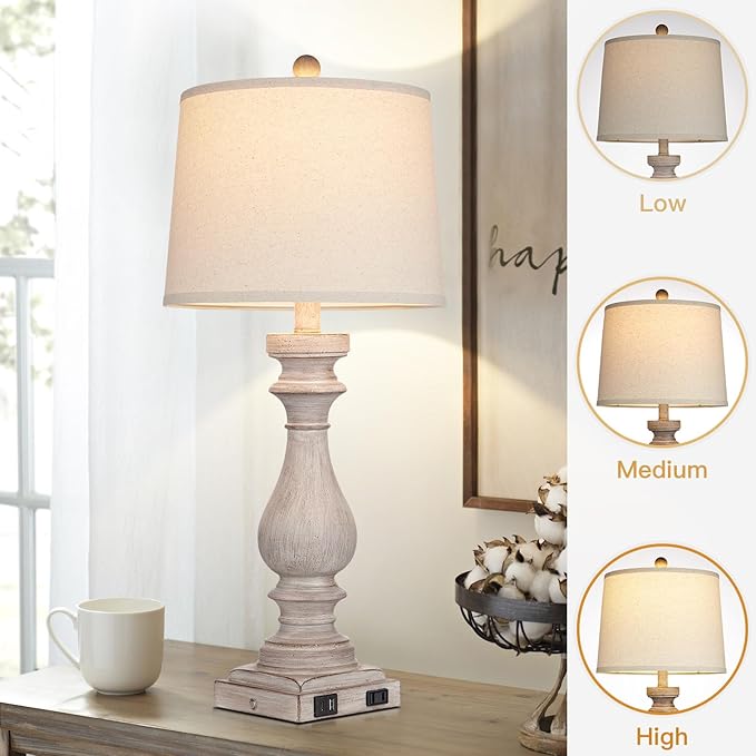 29" Tall Table Lamp for Living Room Set of 2,Vintage Bedside Nightstand Lamps with USB C+A Ports & AC Outlet,3-Way Dimmable Touch Control Desk Lamp for Bedroom,Color 2