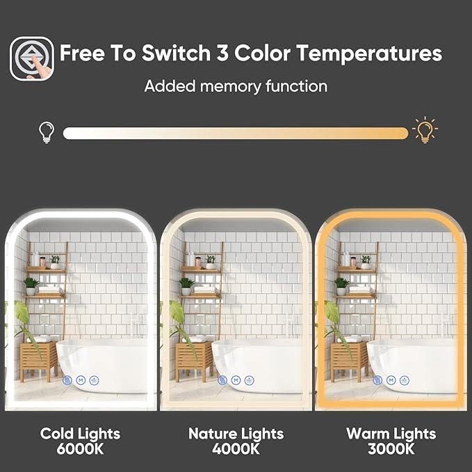 LED Bathroom Mirror, 24"x 32" LED Mirror with Lights for Bathroom, Lighted Vanity Mirrors for Wall, Anti-Fog, Dimmable, Tempered Glass, Memory Function, 3 Colors, Safe Use (White)