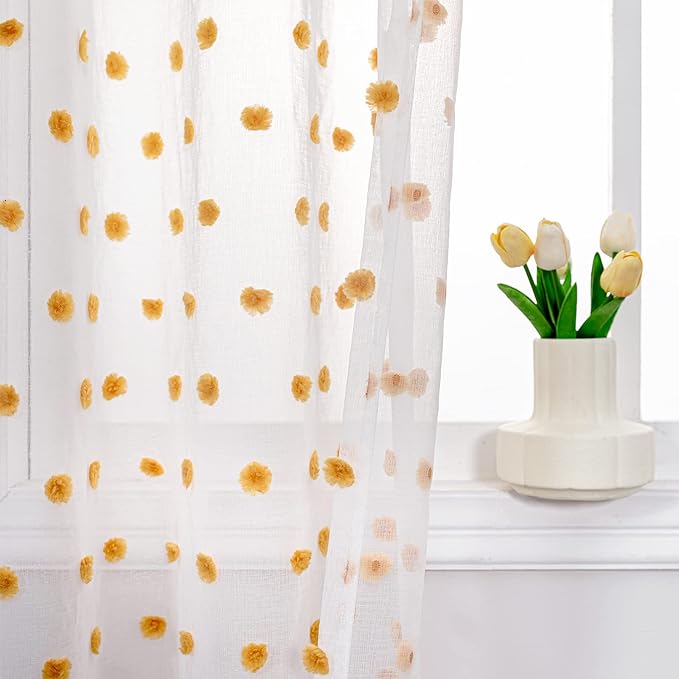 MYSKY HOME Large Pom Pom White Sheer Curtains for Living Room - 108 Inch Burnt Orange - Extra Long Light Filtering Rod Pocket Window Panels - 52 x 108 inch - 2 Pieces