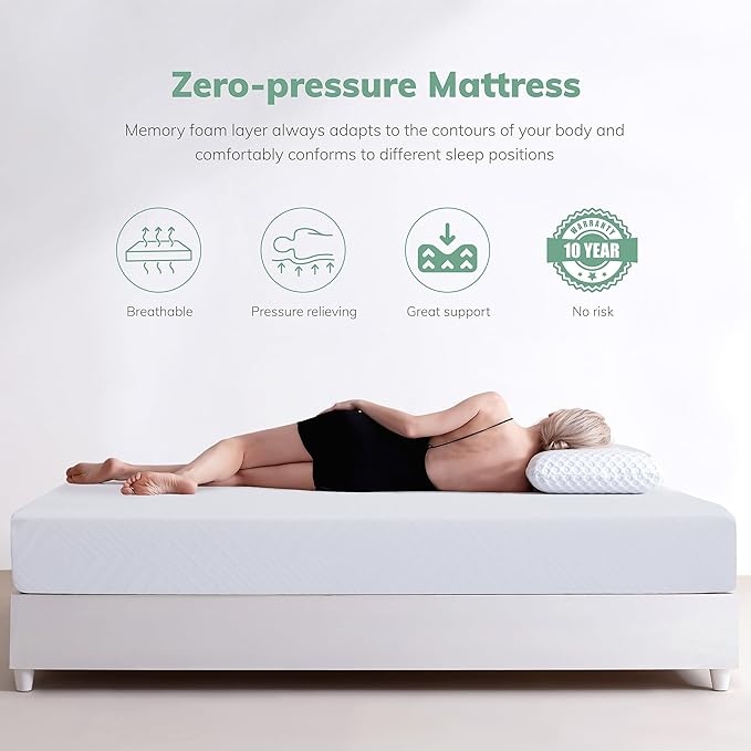 EGO White 10 inch Queen Memory Foam Mattress, Cooling Gel Green Tea Mattress Bed in a Box, CertiPUR-US Certified, Double Mattress, 60"×80", Medium Firm