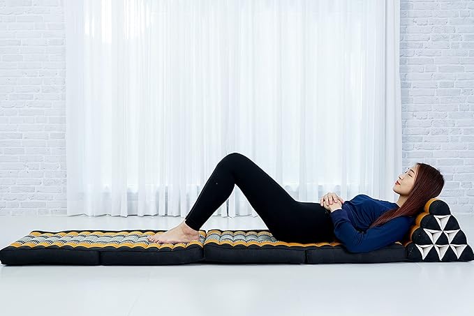 Leewadee Comfortable Japanese Floor Mattress - Thai Floor Bed with Triangle Cushion - Futon Mattress - XL Extra Long Thai Massage Mat, 89 x 20 inches, Black Orange, Kapok Filling