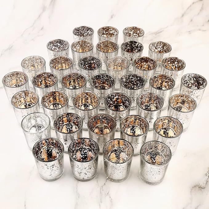 Silver Mercury Glass Tea Light Holders Set of 36 - Elegant Votive Candle Holders for Weddings, Showers and Home Decor - Perfect for Table Centerpieces and Parties (Glass, Silver)