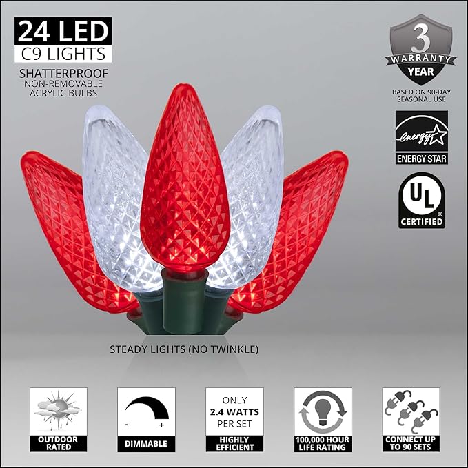 Wintergreen Lighting 24 C9 Red and White LED Christmas Lights, 16.3 ft – Candy Cane Indoor/Outdoor C9 String Lights