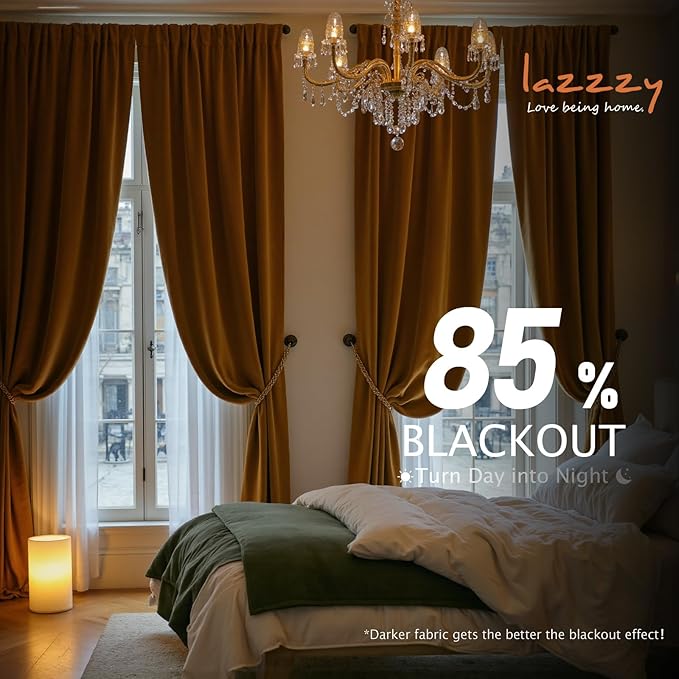 Lazzzy Velvet Blackout Curtains Thermal Insulated Room Window Drapes Super Soft Luxury Curtains for Living Room Bedroom Rod Pocket 2 Panels, Gold Brown, 62" W x 96" L