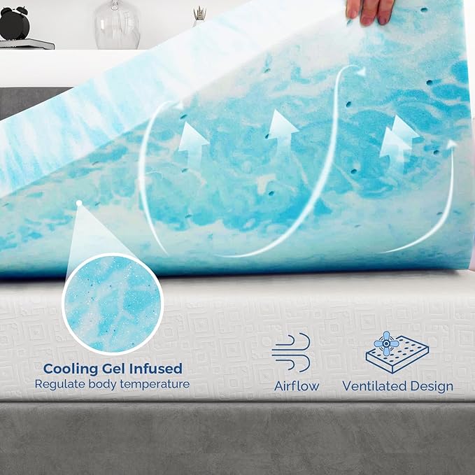 Mattress Topper Queen, 4 Inch Gel Memory Foam Bed Topper for Queen Size Bed, CertiPUR-US Certified, Blue