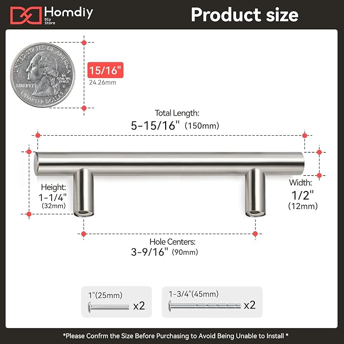 Homdiy 15 Pack 3-1/2 Inch Brushed Nickel Cabinet Pulls - Modern Handles for Drawers and Doors, Stainless Steel Hardware