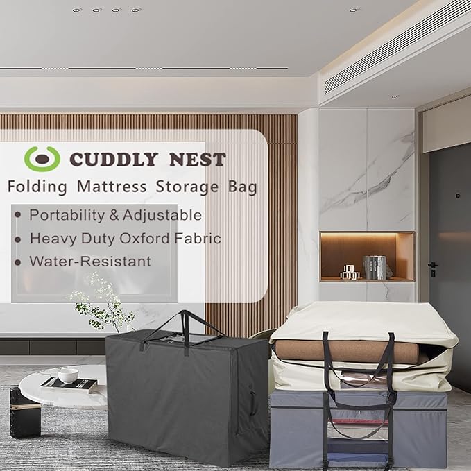 Cuddly Nest Folding Mattress Storage Bag - Heavy Duty Carry Case for Tri-Fold Guest Bed (Fits 4" Queen Mattress,Grey)