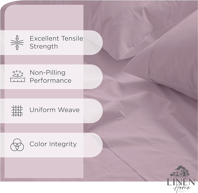 Linen Home 100% Cotton Percale Sheets Twin Size,Mauve Lavender, Deep Pocket, 3 Pieces Set - 1 Flat, 1 Deep Pocket Fitted Sheet and 1 Pillowcase, Crisp Cool and Strong Bed Linen