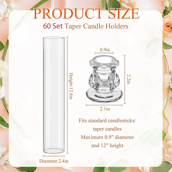 60 Set Christmas Glass Hurricane Candle Holders 12.6" Open Ended Glass Candleholder Tube Shape Bottomless and 2.2" Taper Clear Candlestick Holders for Wedding Party Table Centerpiece (Clear)