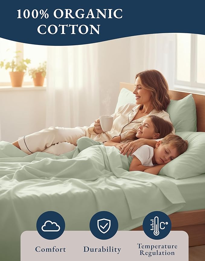 LANE LINEN 100% Organic Cotton Queen Sheet Set, 4Pc Cotton Sheets Queen Size Bed Set, Soft & Breathable Percale Weave, Deep Pocket Queen Sheets, Hotel-Quality Bed Sheets Queen Size - Mineral